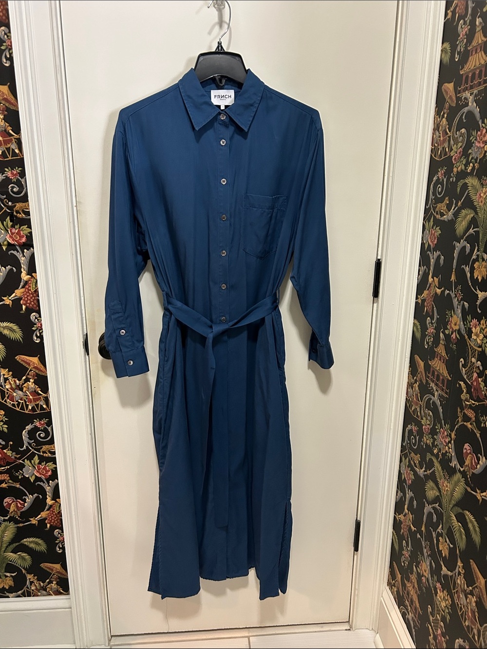 FRNCH Teal-Blue Button-Up Shirt Dress with Waist Tie, Size S
